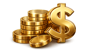 Ícono de monedas y símbolo de dólar en color dorado que representa pago inmediato.