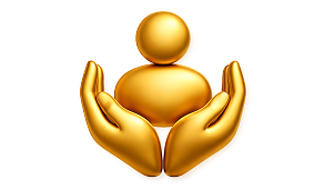 Figura humana sostenida por dos manos doradas que simboliza atención cercana y de confianza.