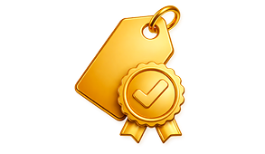 Etiqueta dorada con sello de verificación que simboliza garantía del mejor precio.